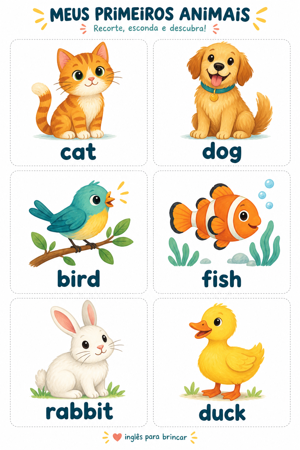 Seis cartões ilustrados de animais em inglês: cat, dog, bird, fish, rabbit e duck