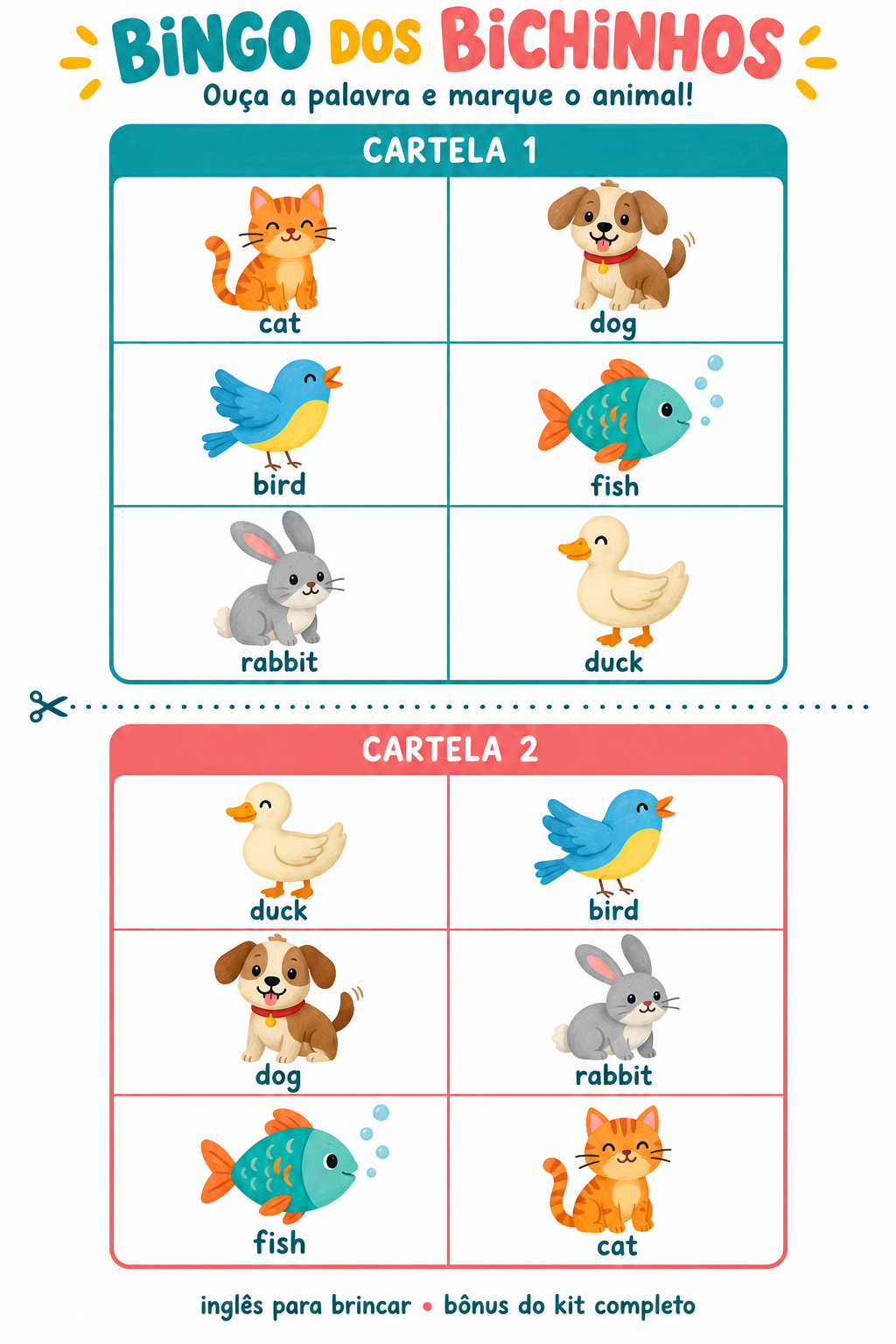 Duas cartelas ilustradas do Bingo dos Bichinhos