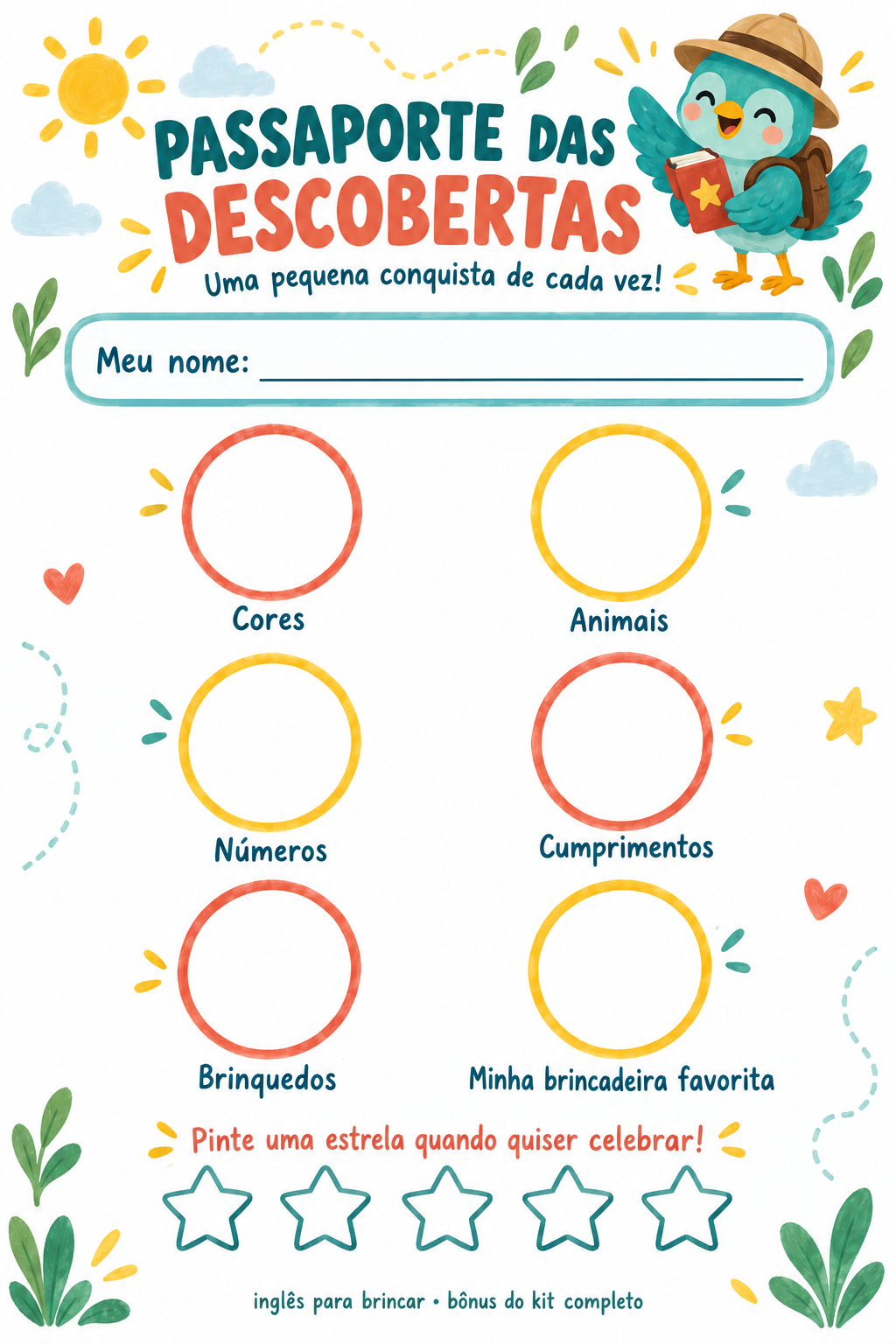 Passaporte das Descobertas com espaços para marcar temas explorados